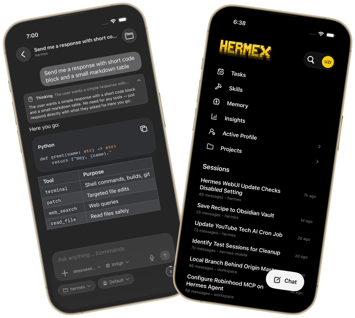 hermex: A glowing iPhone held in a dark environment, its screen radiating cool blue light — a streaming AI conversation visible on screen with token-by-token text appearing. In the distant background, faint outlines of server racks softly lit in deep blue. A single beam of light connects the phone to the server like a command signal. Operator-grade. Quiet confidence. The phone is clearly in control.
